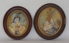 A pair of attractive oval silk miniatures of lady'