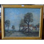 A framed oil painting of a Lincolnshire byway. By