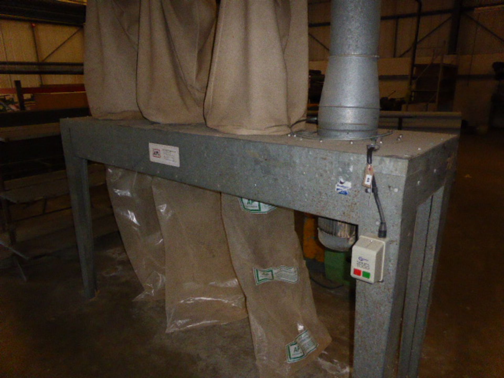 APL dust extraction system with 3 bags, small section of ducting servicing 4 vents, 3 phase electric