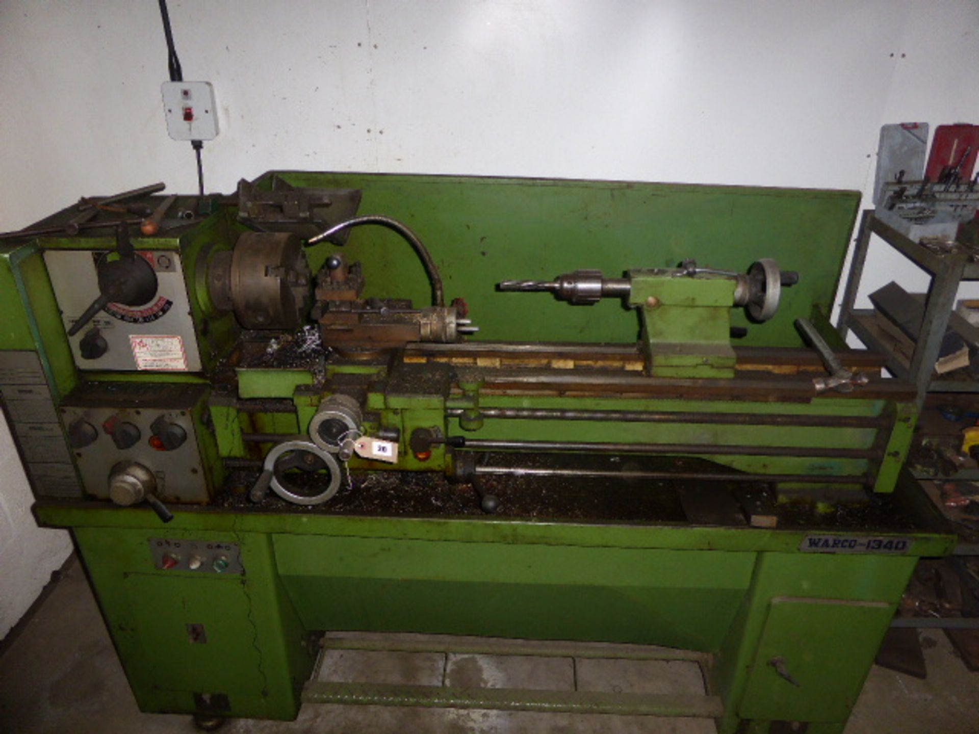 Warco model 1340 800mm x 160mm centre lathe with 3 jaw chuck and rack with miscellaneous tooling,