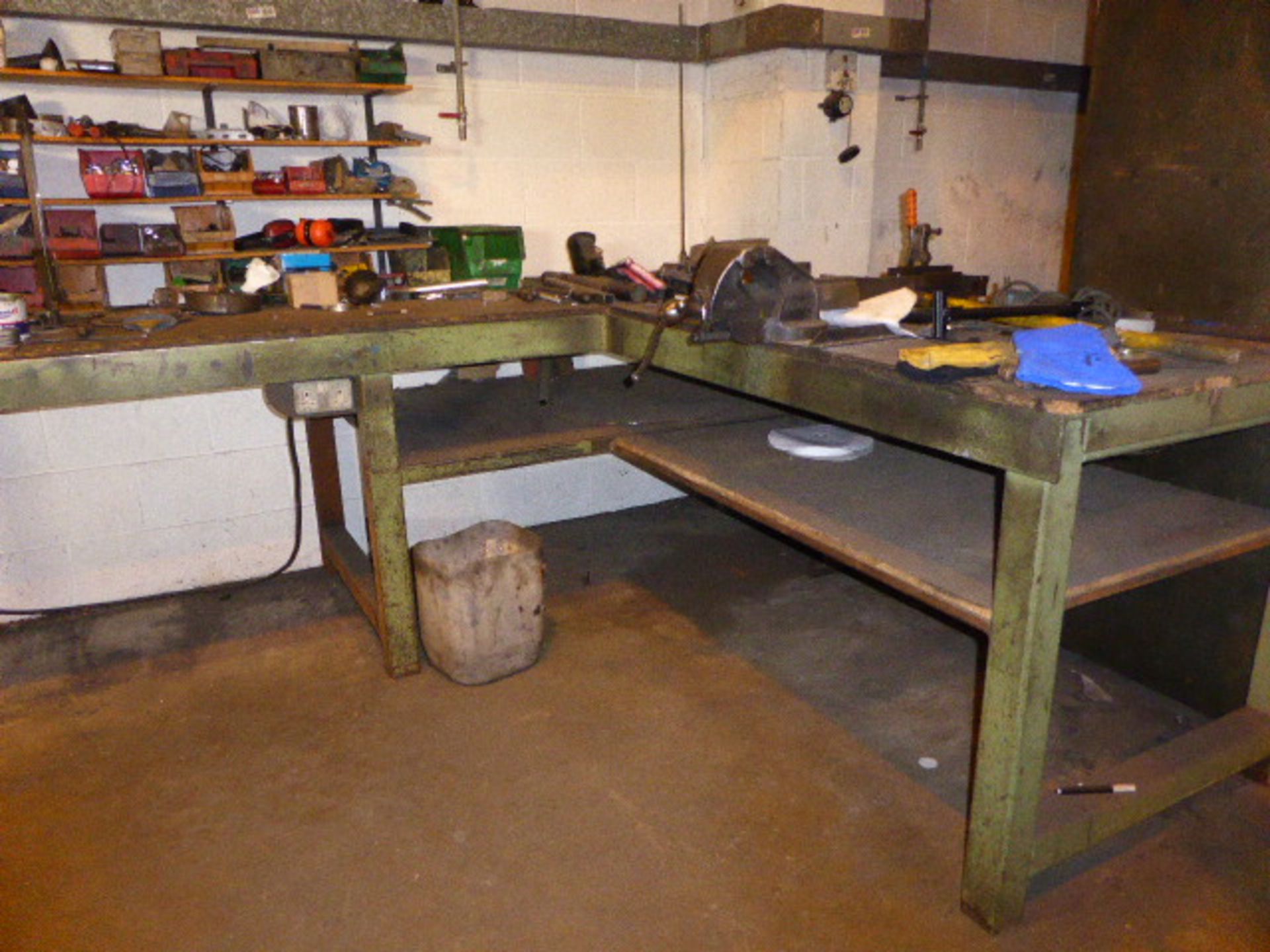 Large L-shaped steel box section work bench with a Fortis Steel no.10 and Record no.34 pair of bench - Image 2 of 4