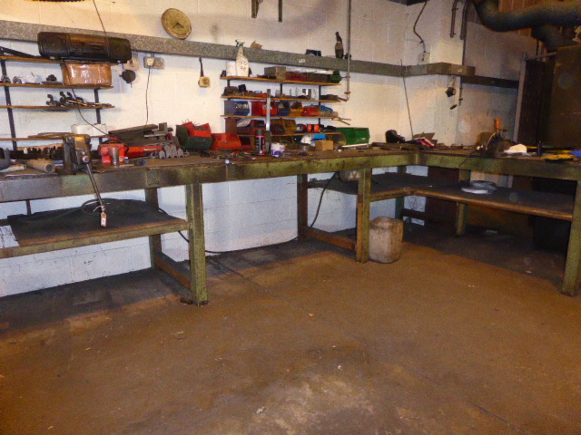 Large L-shaped steel box section work bench with a Fortis Steel no.10 and Record no.34 pair of bench