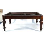 A 19th century mahogany extending dining table base on four turned baluster legs with castors, l.