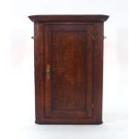 A George III oak corner cabinet with a single panelled door enclosing three shelves, w.