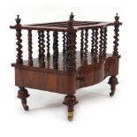 A 19th century rosewood serpentine fronted canterbury with barley twist supports on turned feet, w.