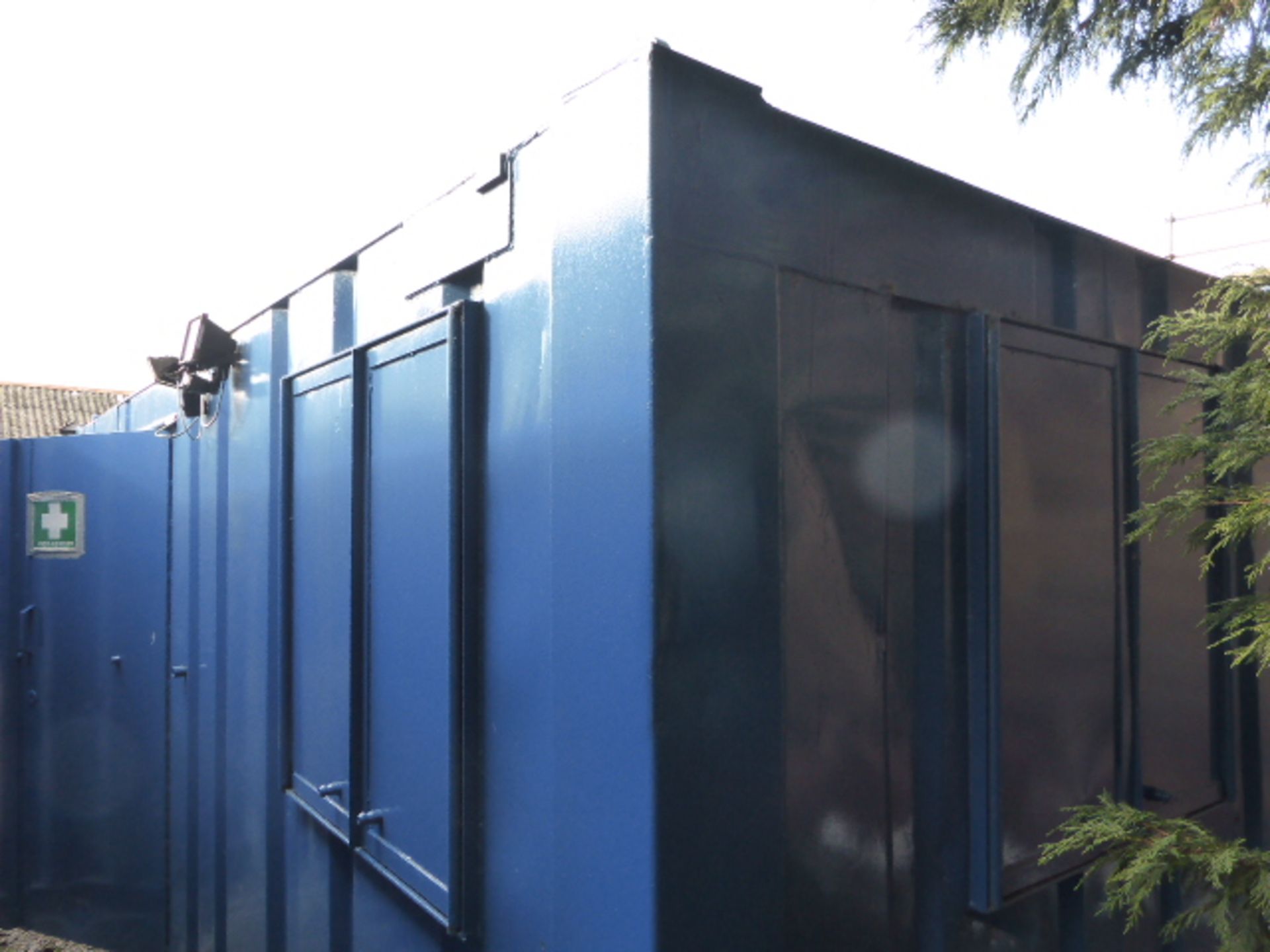 Corrugated steel clad office container building with security shutters and single door, exterior - Image 9 of 9