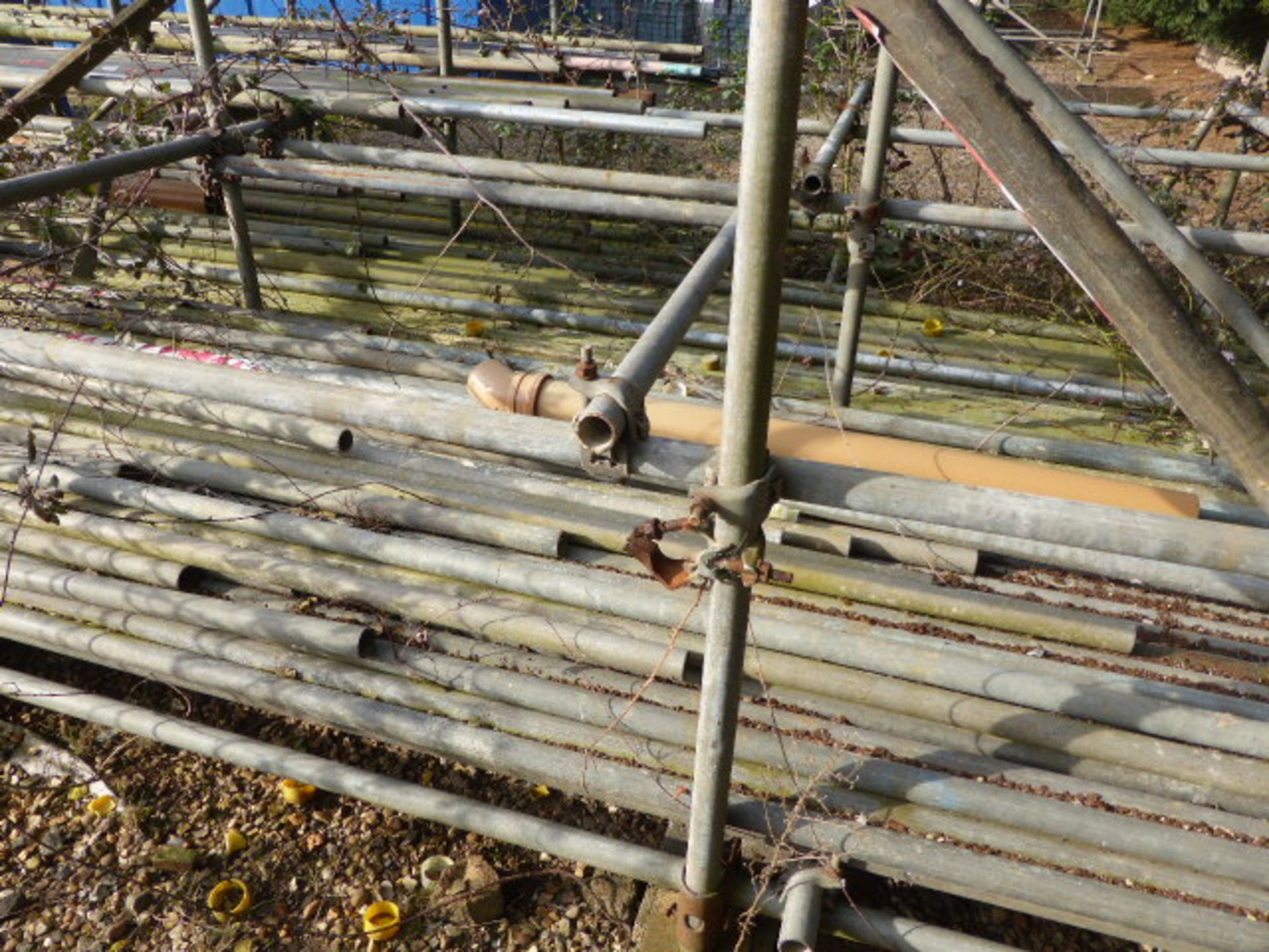 A range of galvanized scaffold tube and fittings, currently erected as racking for pipe fittings etc - Image 3 of 7