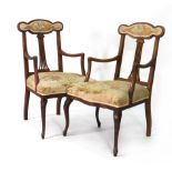 A pair of Edwardian mahogany and upholstered parlour chairs on cabriole legs CONDITION