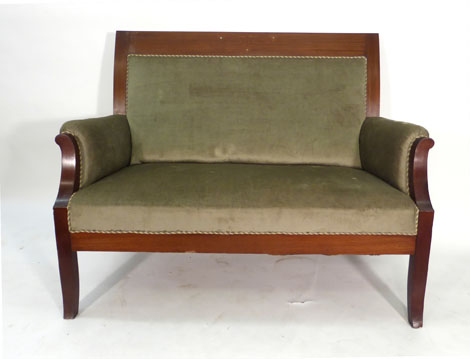 A 19th century and later continental mahogany and upholstered two seater sofa on square legs,