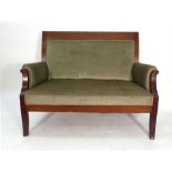 A 19th century and later continental mahogany and upholstered two seater sofa on square legs,