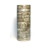 A Swedish pottery vase of cylindrical form, the grey ground decorated with geometric designs,