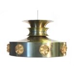 A 1970's brass coloured ceiling light with mustard perspex motifs CONDITION REPORT: