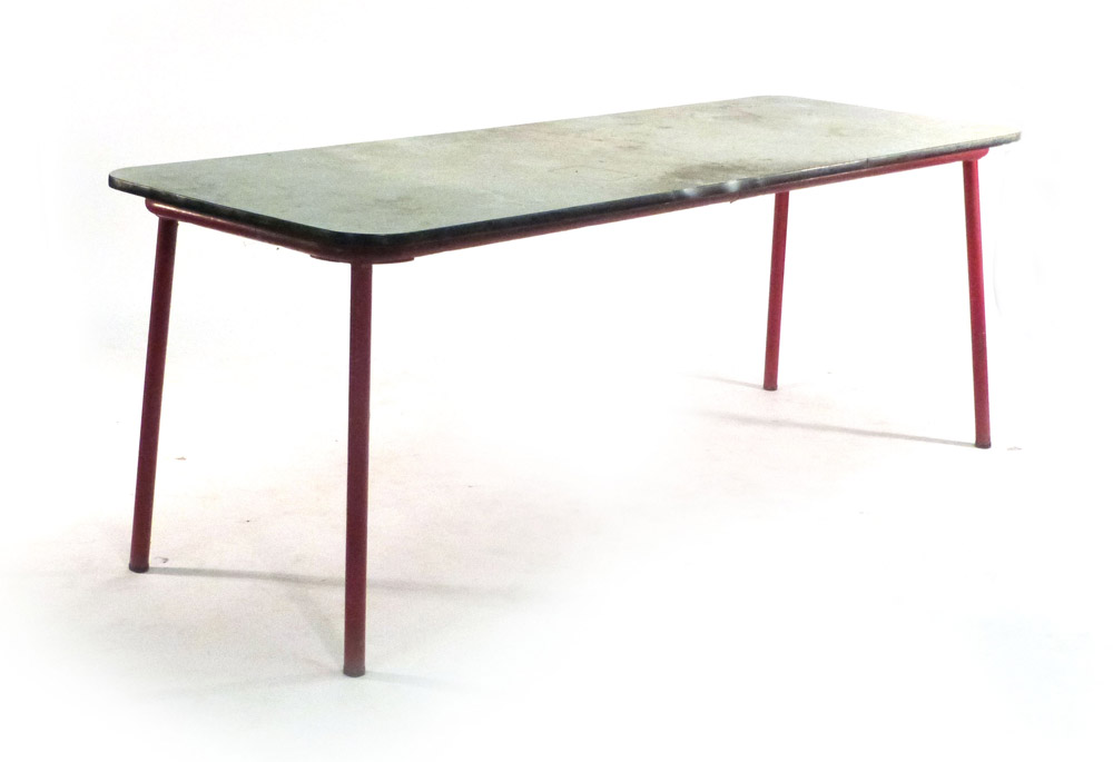 A 1950's French classroom/industrial table, on four red enamelled red tapering legs, l. - Image 2 of 3