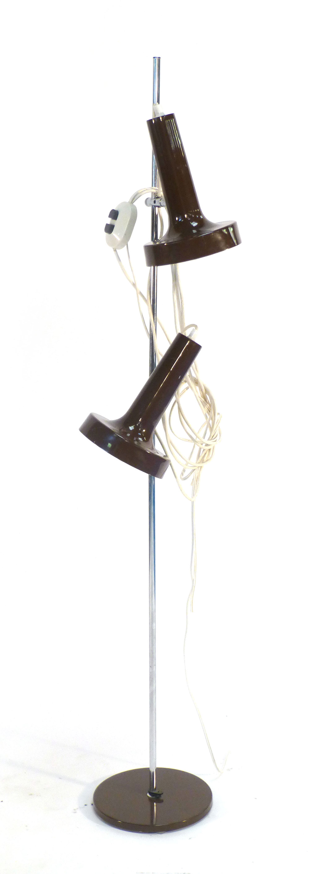 A 1970's brown enamelled two shade standard lamp on a chromed adjustable shaft CONDITION