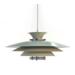 A 1970's white three tier ceiling light in the manner of Louis Poulsen with an aluminium circular