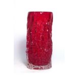 A Whitefriars ruby red 'Bark' vase of cylindrical form, h. 23.