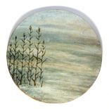 A 1970's studio pottery wall plaque decorated with blue and brown glazes depicting rushes, d.