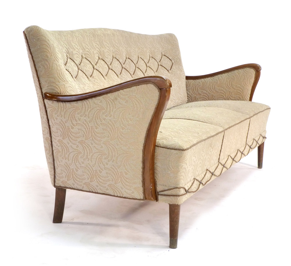 A 1940's fully upholstered three piece suite with exposed beech frames on tapering legs terminating - Image 2 of 2