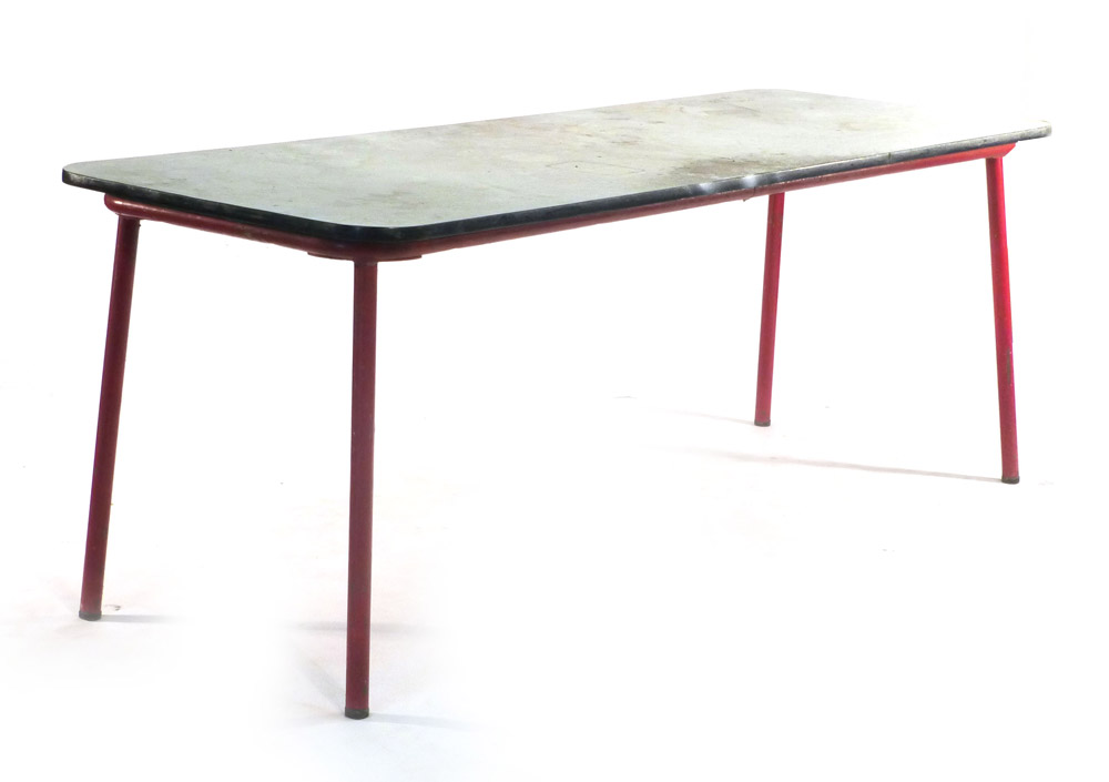 A 1950's French classroom/industrial table, on four red enamelled red tapering legs, l. - Image 3 of 3