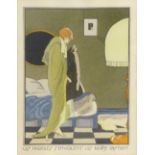 After Ettore Tito (1859-1941), a lady checking a jacket pocket, hand coloured pochoir print,