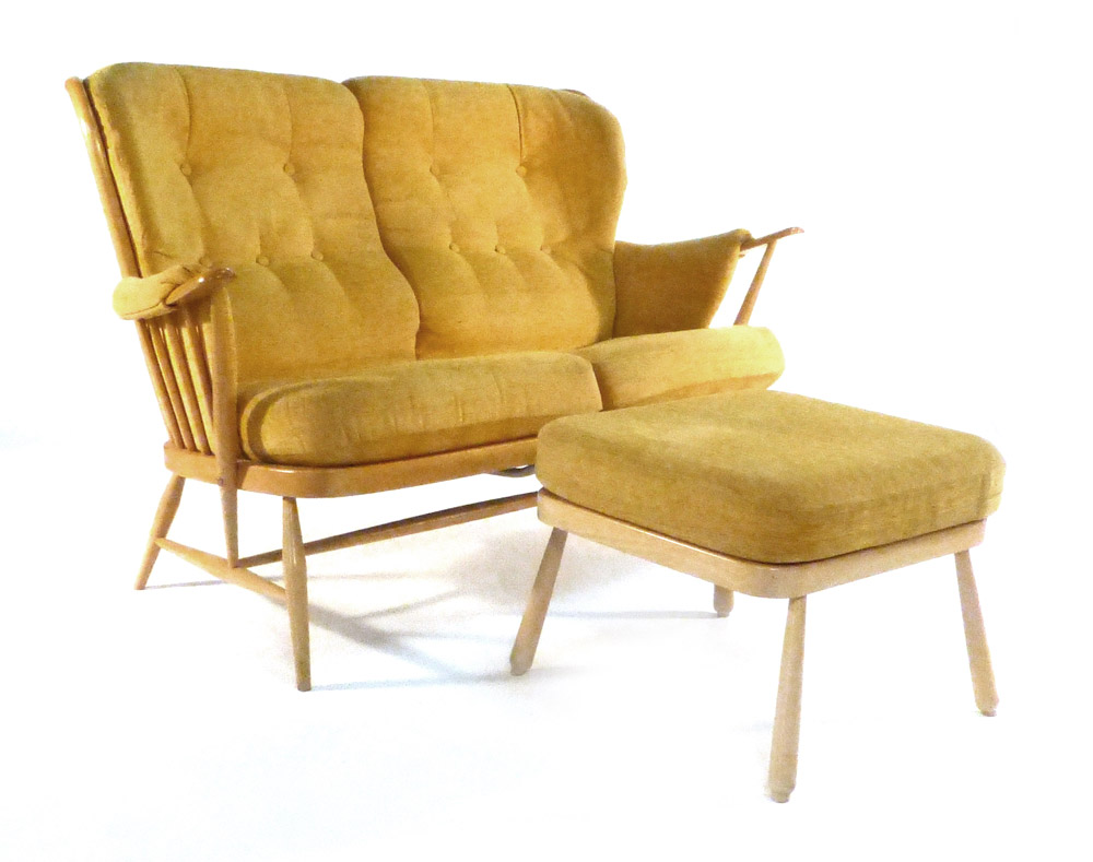 An Ercol beech and upholstered two seater sofa together with a matching footstool - Image 2 of 6