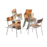 A set of twenty four 1960's Remploy plywood and steel stacking chairs CONDITION REPORT: