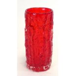 A Whitefriars ruby red 'bark' cylindrical vase, h.