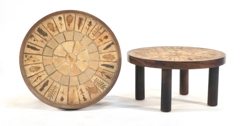 A pair of 1970's 'Garrigue' tile topped circular coffee tables by Roger Capron, marks to tiles, d.