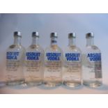 5 bottles of Absolut blue vodka from Sweden 40% 70cl each