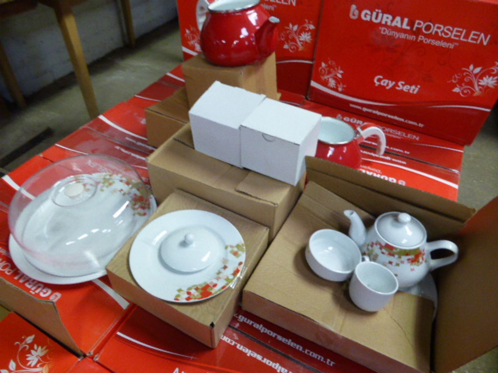 Box of Gural Porselen tea and cake serving set comprising cake display, tea pot, tea cups, cake