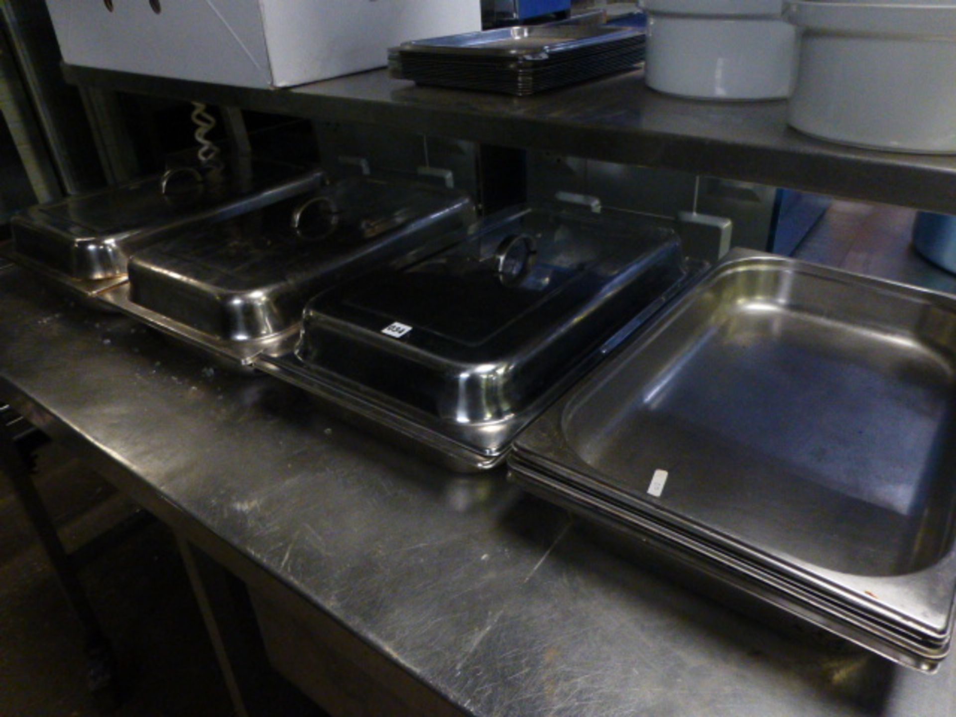 3 stainless steel chafing dishes with lids and assorted stainless steel Gastronorm trays