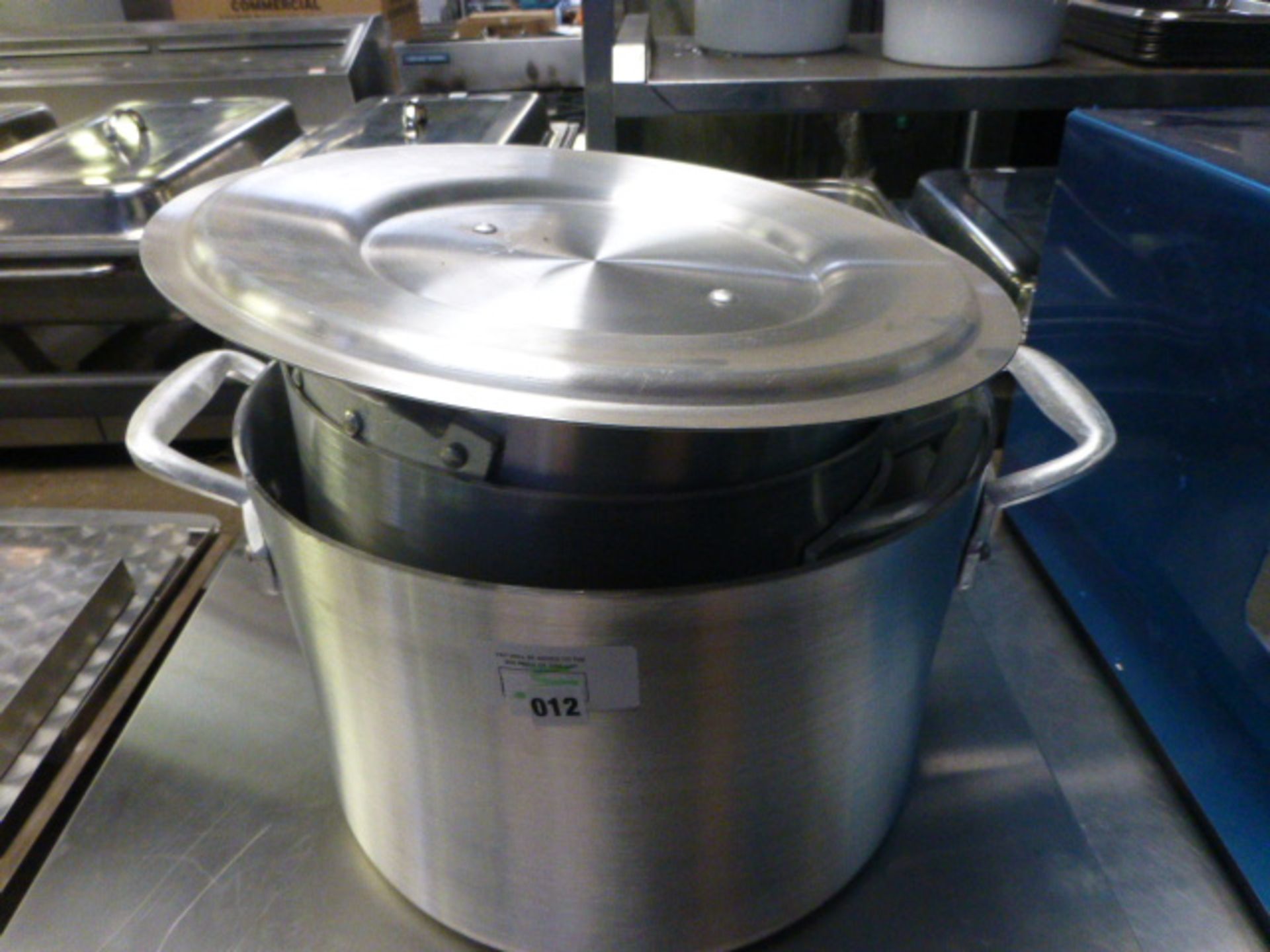 (33) Set of aluminium stock pots with 2 handles and lids including 16'', 12'' and 11'' pots