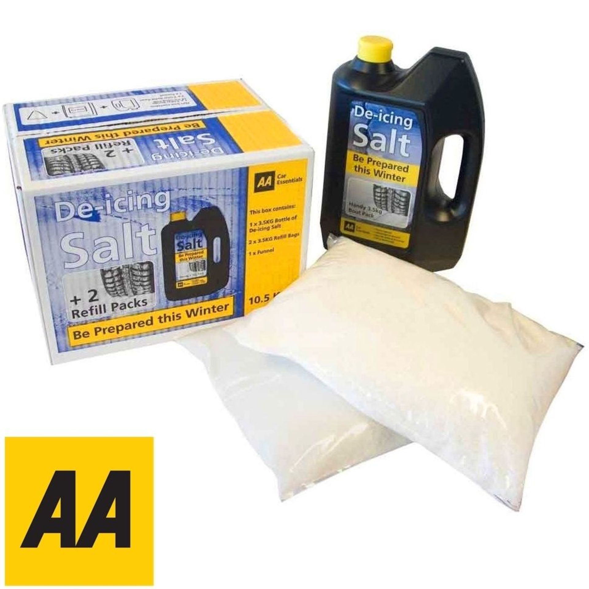 1. x box AA De-Icing salt 3.5kg tub + 2 refills brand new rrp £19.99.