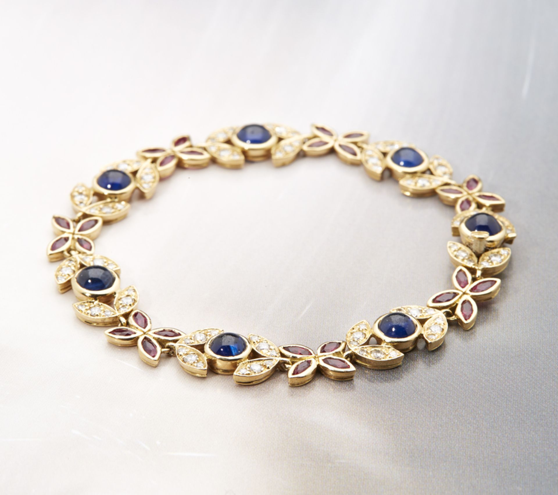 COM367 Fasoli - 18K Yellow Gold 9.45cts Sapphire, Ruby and Diamond Flower Link Bracelet