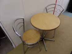 Small round light wood table + 2 Chrome curve ladder back Wooden seat chairs