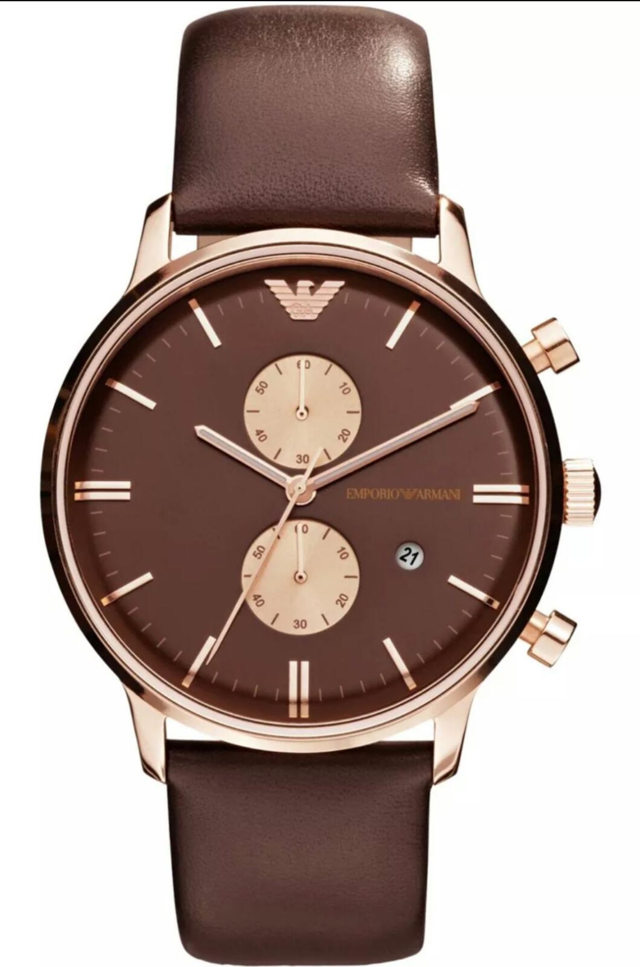 BRAND NEW EMPORIO ARMANI AR0387, GENTS CHRONOGRAPH WATCH, WITH A BROWN CIRCULAR DIAL AND BROWN
