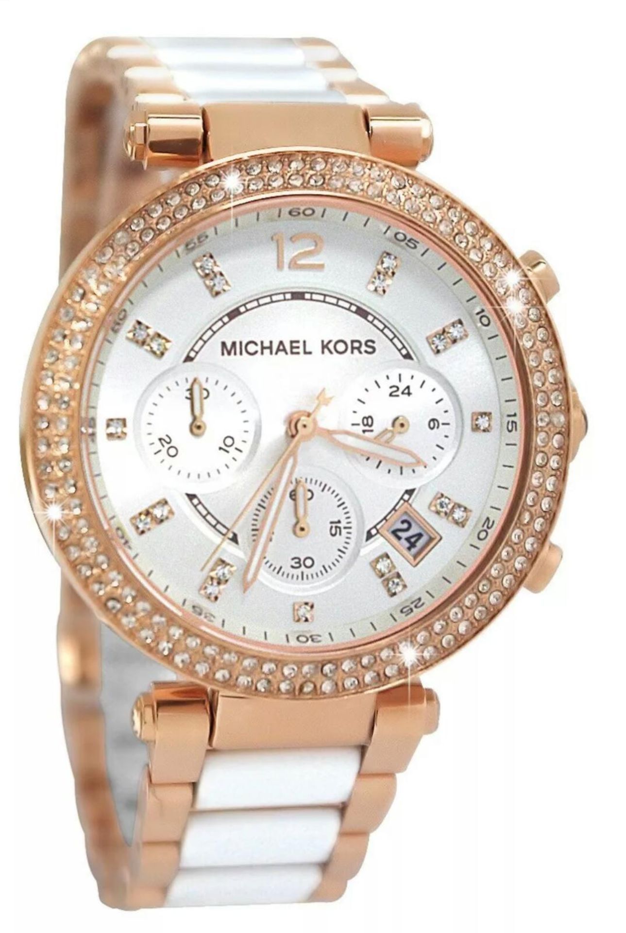 BRAND NEW MICHAEL KORS MK5774, LADIES ROSE GOLD CERAMIC PARKER CHRONOGRAPH WATCH - RRP £299, FREE