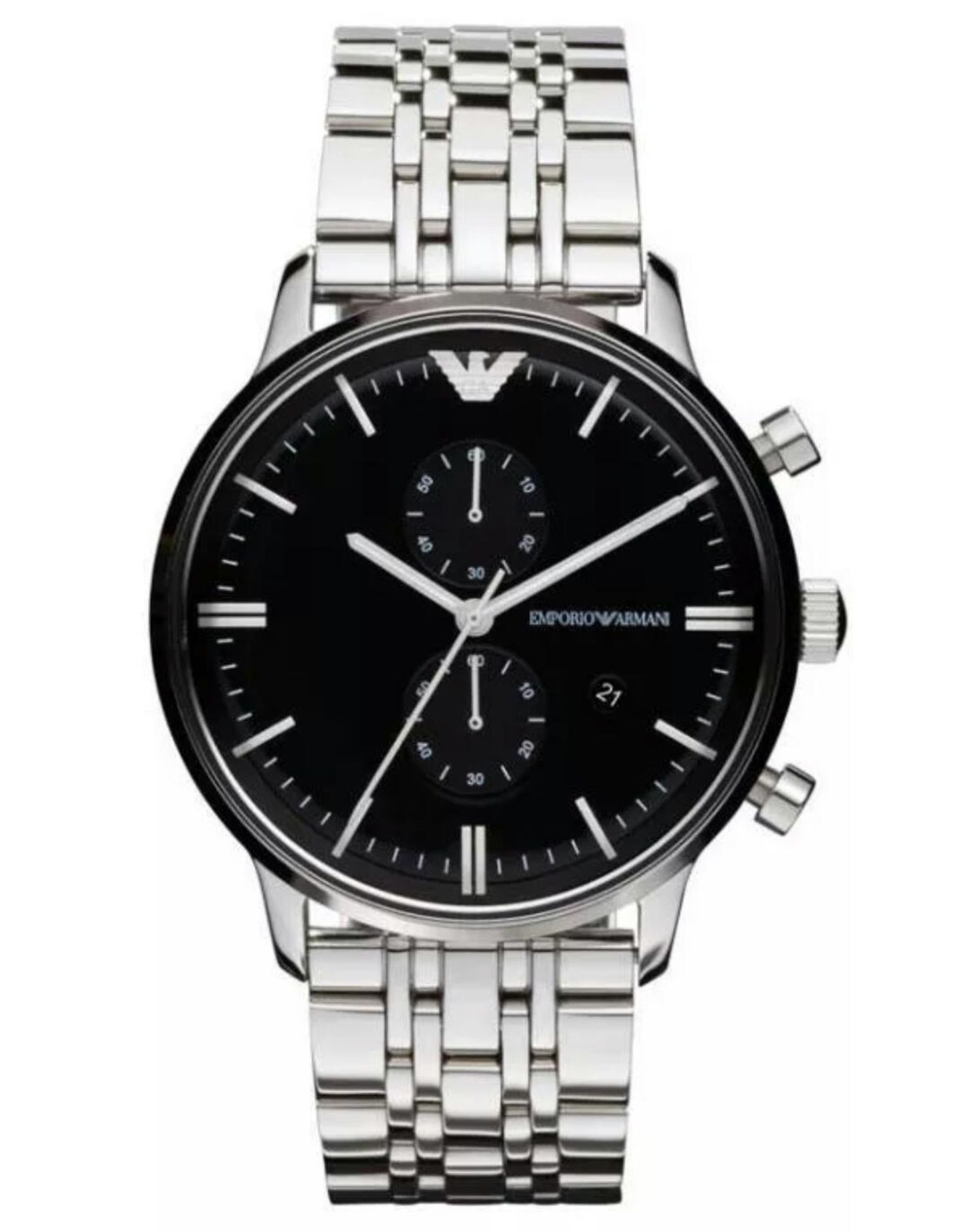 BRAND NEW EMPORIO ARMANI AR0389, GENTS POLISHED STAINLESS STEEL BRACELET WATCH, WITH A BLACK - Image 2 of 2