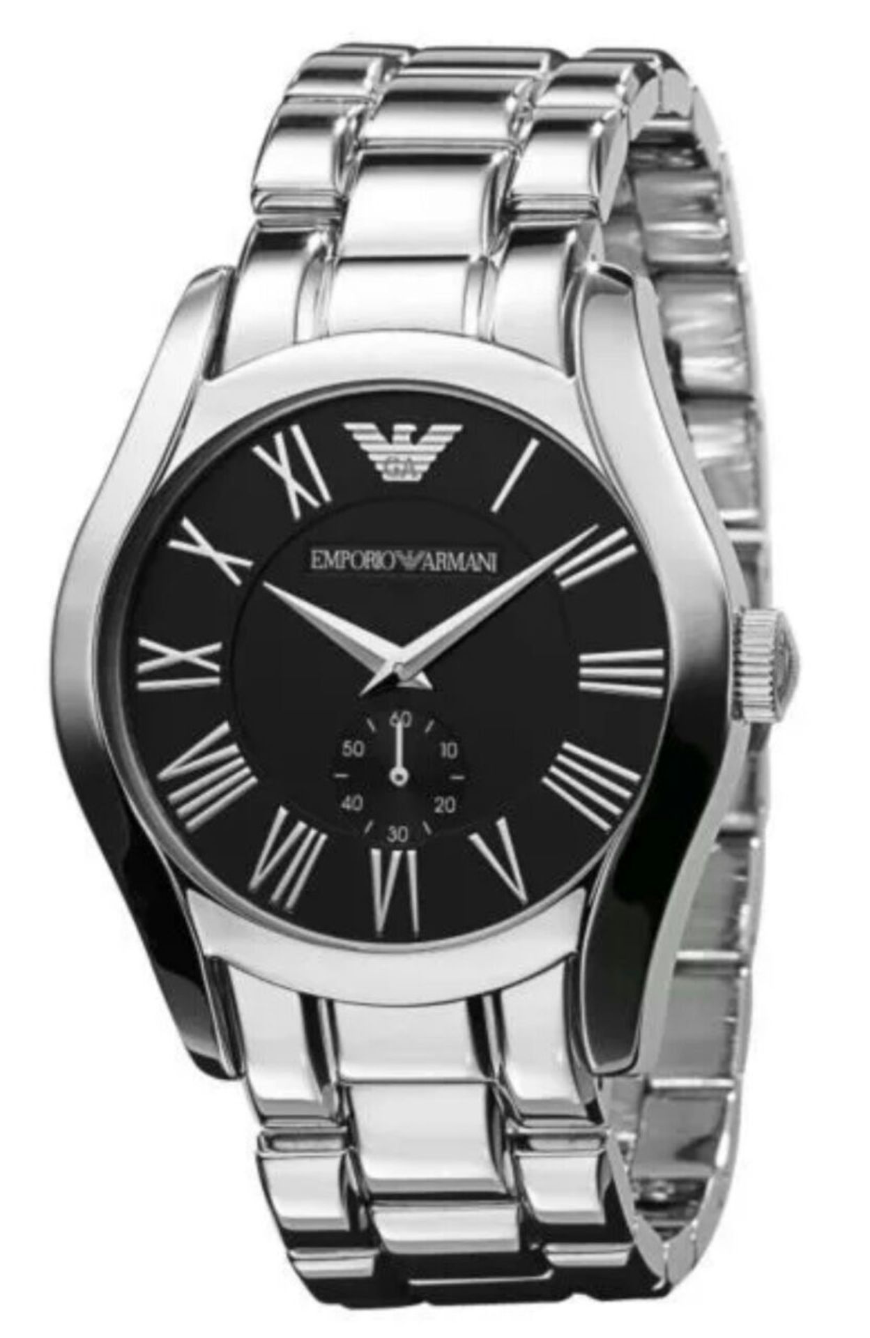 BRAND NEW EMPORIO ARMANI AR0680, GENTS POLISHED STAINLESS STEEL BRACELET WATCH, WITH A BLACK