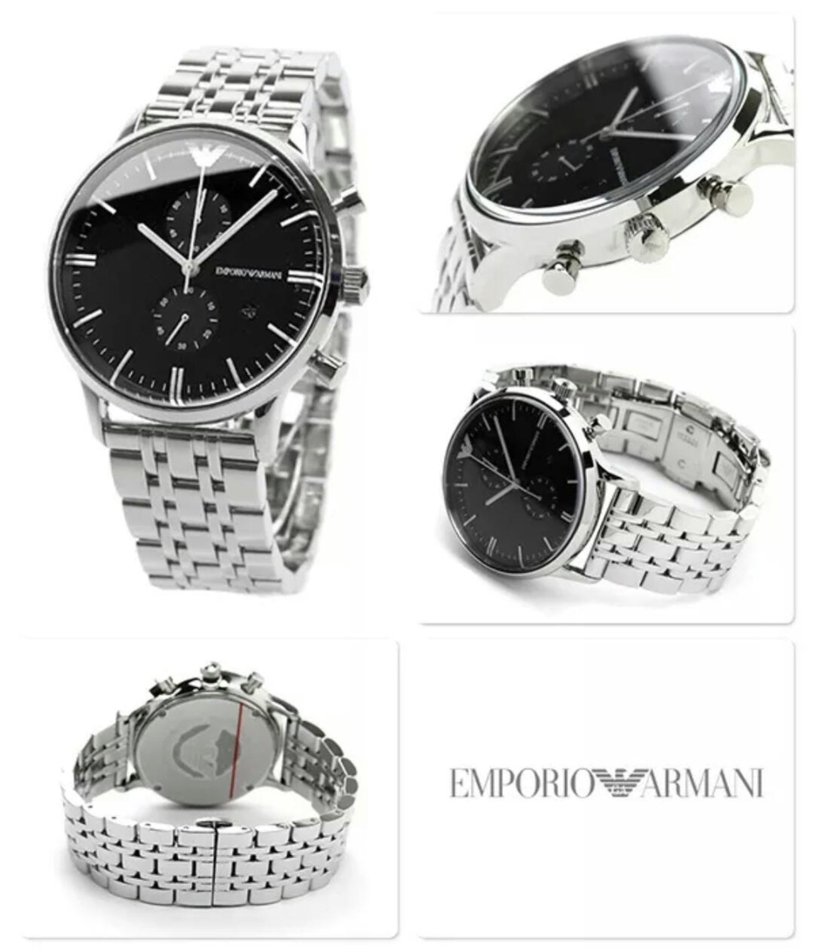 BRAND NEW EMPORIO ARMANI AR0389, GENTS POLISHED STAINLESS STEEL BRACELET WATCH, WITH A BLACK