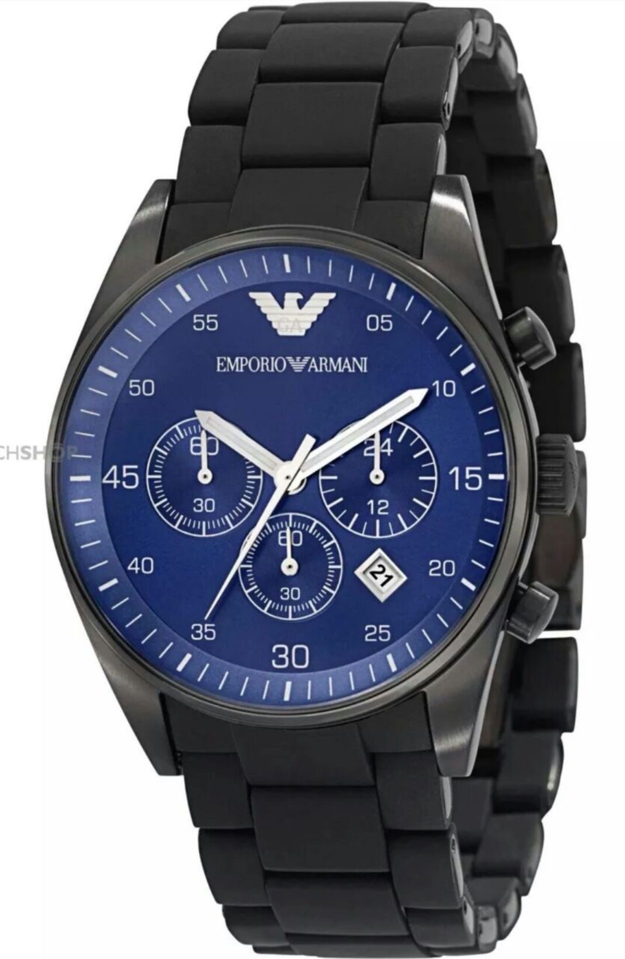 BRAND NEW EMPORIO ARMANI AR5921, GENTS SPORTIVO CHRONOGRAPH WATCH, BLUE FACE AND BLACK SILICONE OVER