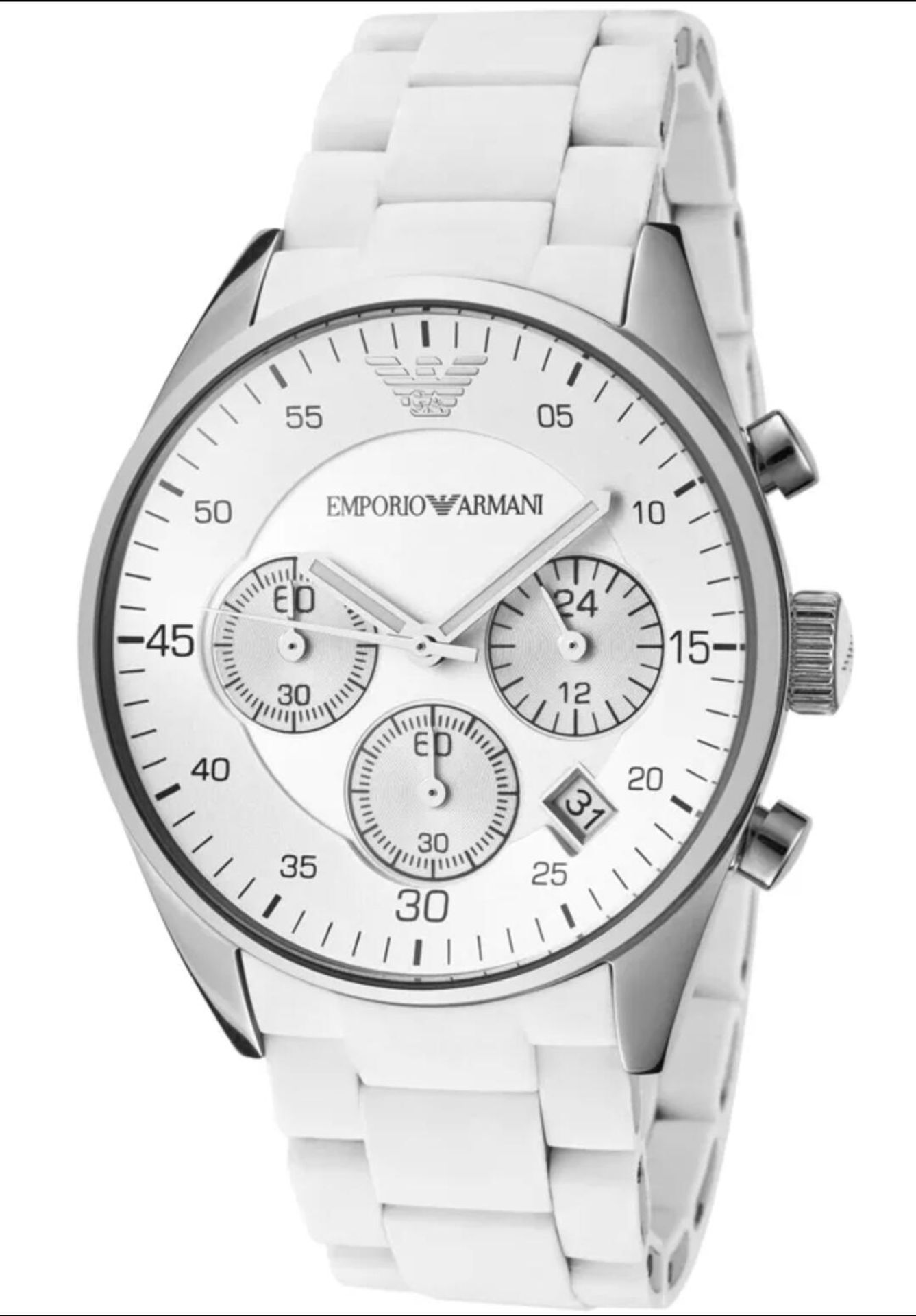 BRAND NEW EMPORIO ARMANI AR5867, LADIES SPORTIVO CHRONOGRAPH WATCH, WITH A WHITE SILICONE OVER STEEL