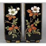 Exceptional Quality Antique Pair Enamelled Roses & Birds Black Glass Vases 19th C.