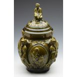 ANTIQUE SARREGUEMINES MAJOLICA FIGURAL MOUNTED JAR C.1880