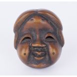 ANTIQUE JAPANESE MINIATURE CARVED WOODEN MASK NETSUKE SIGNED 19TH C.