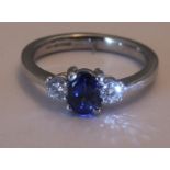 18CT WHITE GOLD & ROYAL BLUE SAPPHIRE & DIAMOND TRILOGY RING- SIZE N - TOTAL DIAMOND CONTENT APPROX: