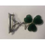 Bar brooch with hanging enamelled shamrock clover, signed Mizpah