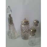 Silver topped dressing table jar, silver collared hobnail cut scent bottle and damaged stopper