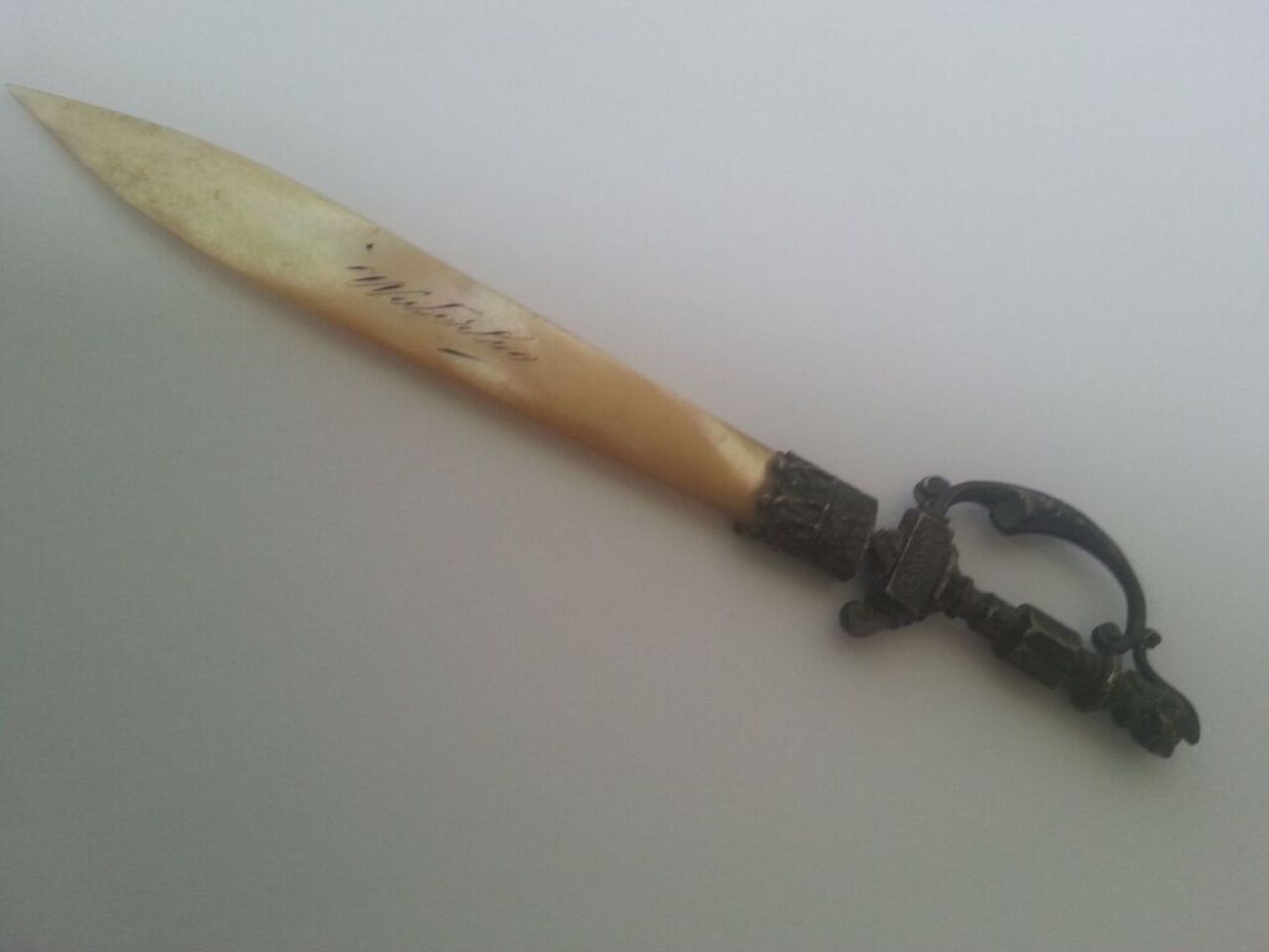 interesting antique Waterloo letter opener in the form of a sword having mother of pearl blade and