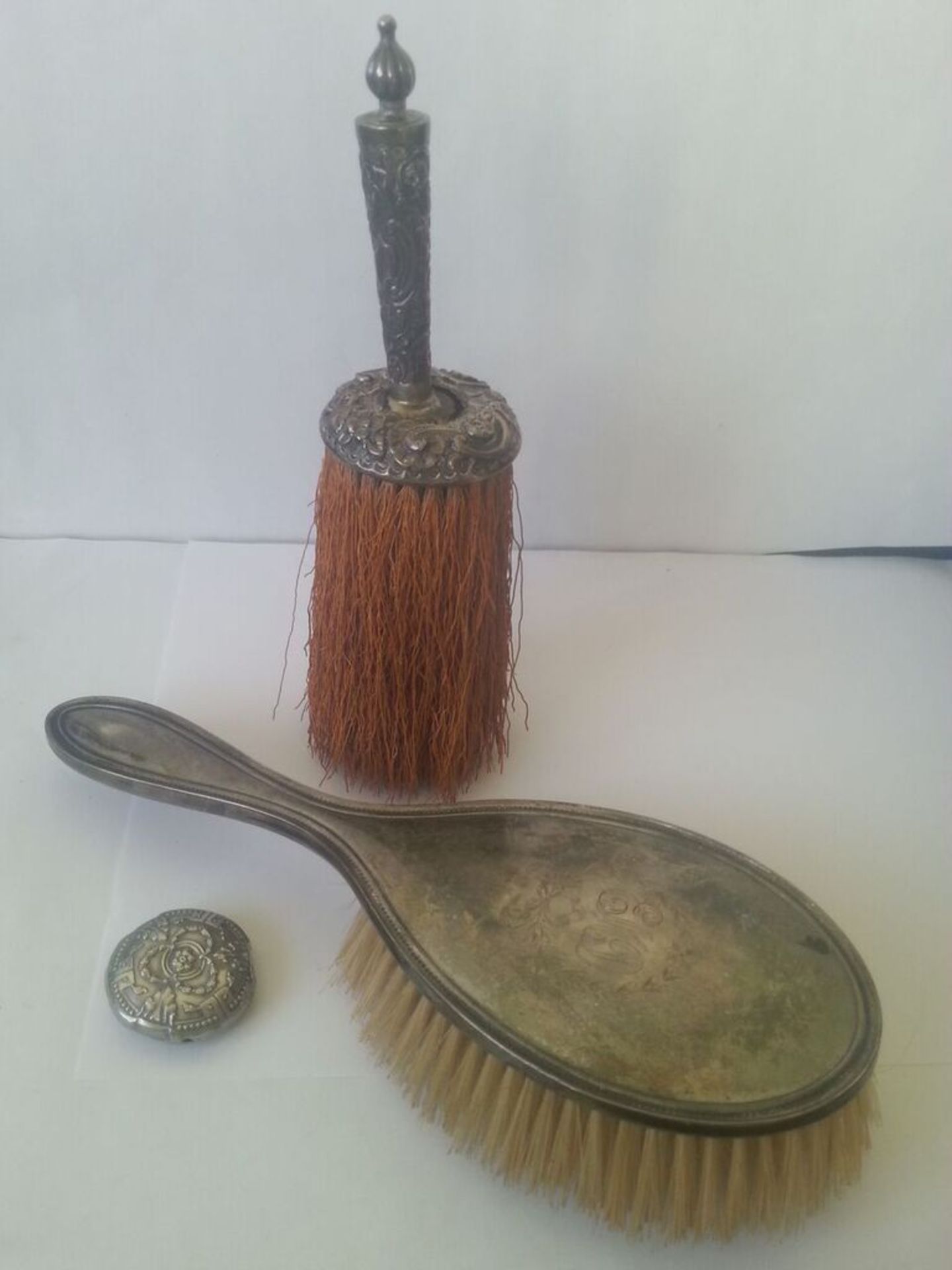 Antique silver hallmarked brushes together with rattle parts for scrap (rattle not hallmarked,